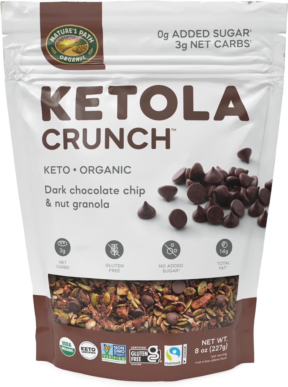 Nature's Path Organic Keto Crunch Dark Chocolate Chip and Nut Granola, 8 Ounce (Pack of 6), Keto Certified, Non-GMO, Gluten Free, 3g Net Carbs, 5g Plant Based Protein