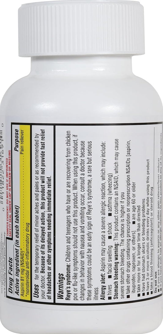 Rite Aid Aspirin Enteric Tablets - 81 Mg Aspirin - 500 Count - Low-Dose For Headache Relief - Safety Coated - Aspirin Regimen - Migraine Medicine - Pain Relief