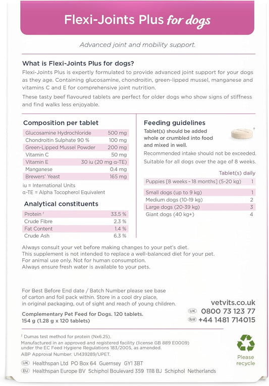Vetvits Flexi-Joints Plus For Dogs (120 Tablets) | 500Mg Pure Glucosamine Hci Providing 40% More Glucosamine Than The Standard 2Kci Form | With Chondroitin | Beef Flavour