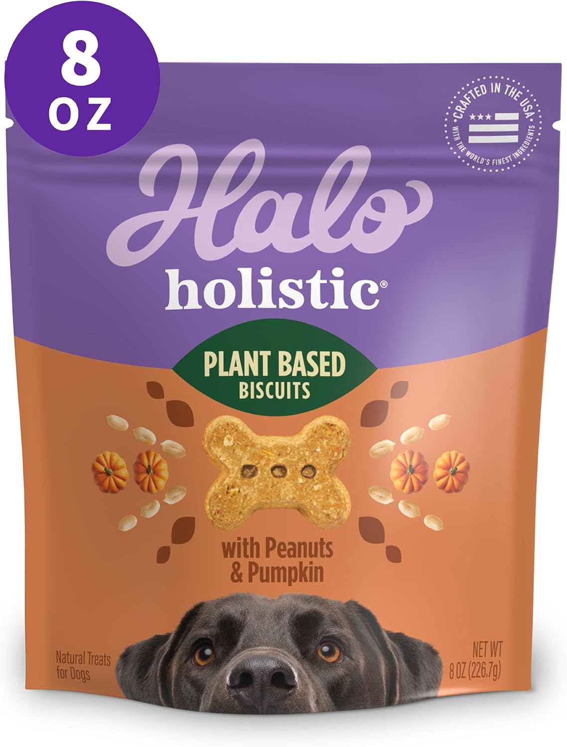 Halo Plant-Based Dog Treats With Peanuts & Pumpkin, Vegan Dog Treat Pouch, 8 Oz Bag