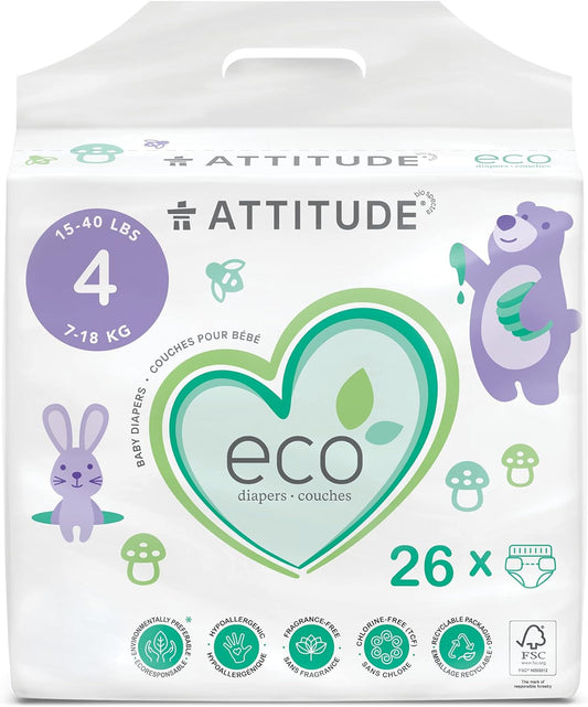 ATTITUDE Eco-Friendly Diapers, Non-Toxic, Hypoallergenic, Safe for Sensitive Skin, Chlorine-Free, Leak-Free & Biodegradable Baby Diapers, Plain White, Size 4 (15-40 lbs), 104 Count (4 Packs of 26)