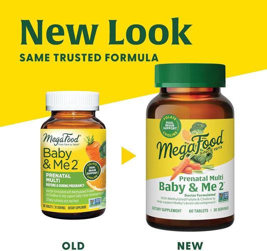 Megafood Baby & Me 2 Prenatal Vitamin And Minerals - Vitamins For Women - With Folate (Folic Acid Natural Form), Choline, Iron, Iodine, And Vitamin C, Vitamin D And More - 120 Tabs (60 Servings)