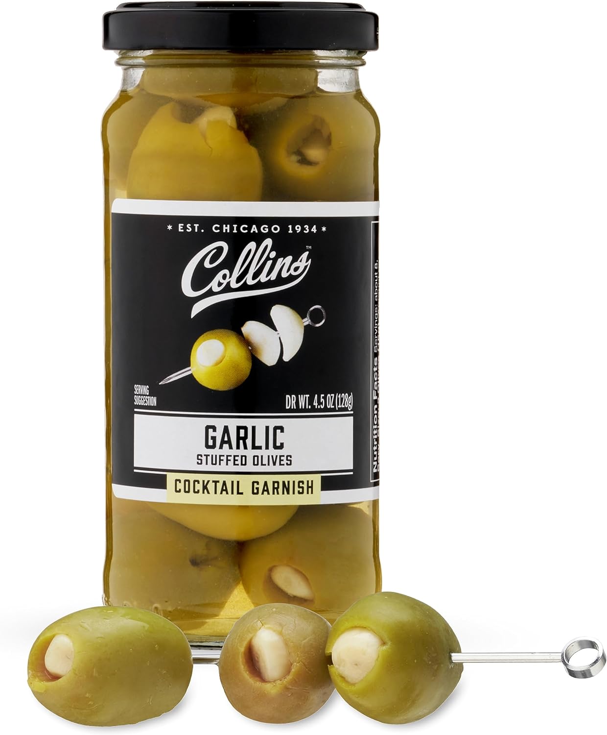 Collins Garlic Queen Olives | Premium Garlic-Stuffed Green Olives Garnish for Cocktails, Martinis, Salads, Charcuterie Trays, Cheese Boards, 5oz