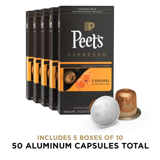 Peet's Coffee, Dark Roast Espresso Capsules, Caramel 50 Count (5 Boxes of 10 Espresso Pods)