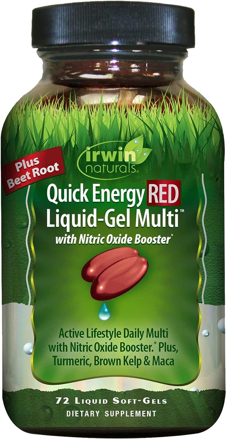 Irwin Naturals Quick Energy RED Liquid-Gel Multi with Nitric Oxide Booster - 72 Liquid Softgels - with Nitric Oxide Booster, Turmeric, Brown Kelp, Maca & Beet Root