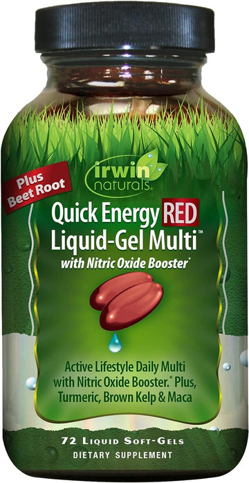 Irwin Naturals Quick Energy RED Liquid-Gel Multi with Nitric Oxide Booster - 72 Liquid Softgels - with Nitric Oxide Booster, Turmeric, Brown Kelp, Maca & Beet Root