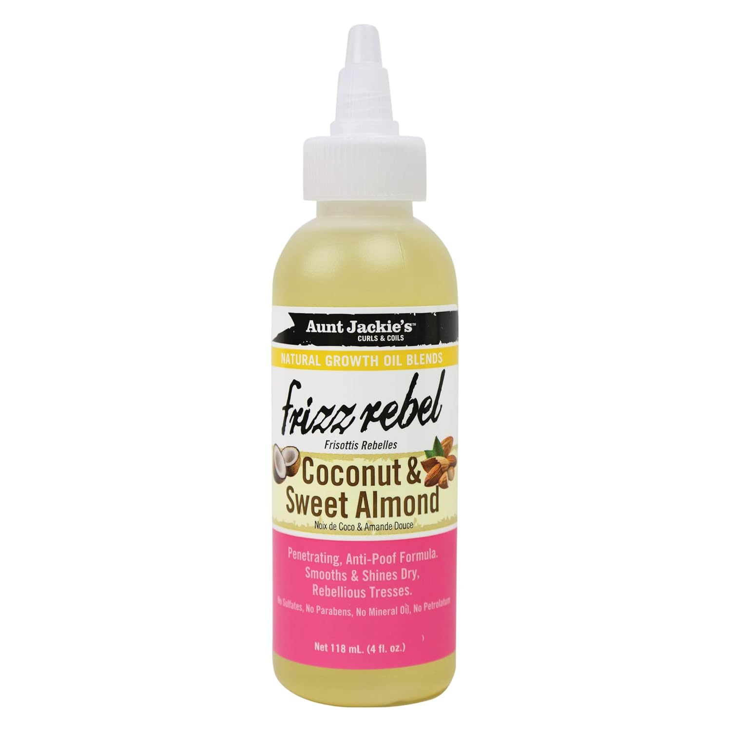 Aunt Jackie'S Natural Growth Oil Blends Frizz Rebel - Coconut And Sweet Almond, Smooths And Shines Dry, Rebellious Tresses, Anti-Poof Formula, 4 Oz