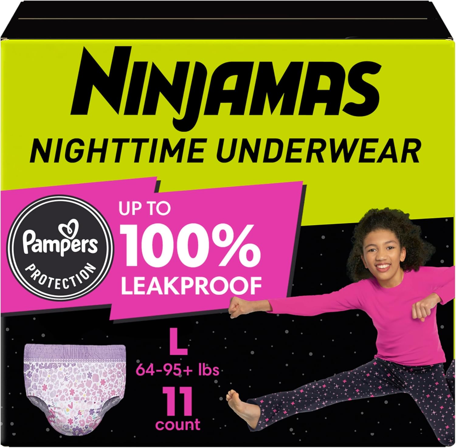 Pampers Ninjamas Nighttime Bedwetting Underwear Girls - Size L (64-125 Lbs), 11 Count