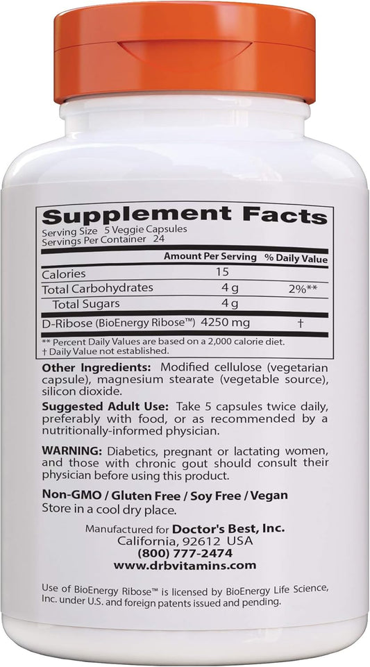 Doctor'S Best D-Ribose, Supports Atp Energy Production, Non-Gmo, Gluten Free, Soy Free, Vegan 120 Veggie Caps