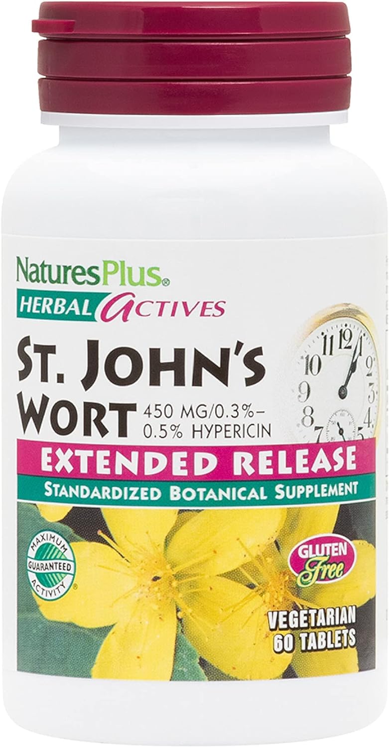 NaturesPlus Herbal Actives St John's Wort, Extended Release - 450 mg, 60 Vegan Tablets - Vegetarian, Gluten-Free - 60 Servings
