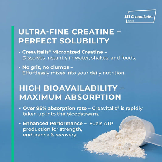 Creapure® Creatine Monohydrate Powder 300G – 60 Servings – Creavitalis® Micronised Vegan Creatine – Unflavoured, Fast Mixing – Muscle Growth, Strength, Power – 3Rd Party Tested, Uk Brand