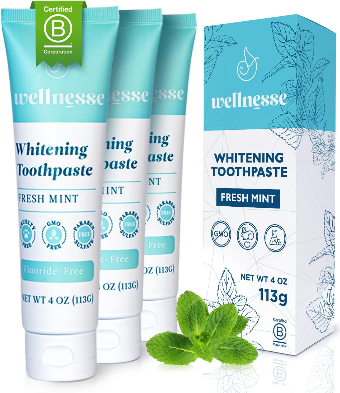 Wellnesse Whitening Toothpaste - Teeth Whitening Fluoride Free Natural Toothpaste - Fresh Mint - 3 Tubes, 4 oz - Made with Hydroxyapatite Powder, Green Tea Powder, and Aloe Vera