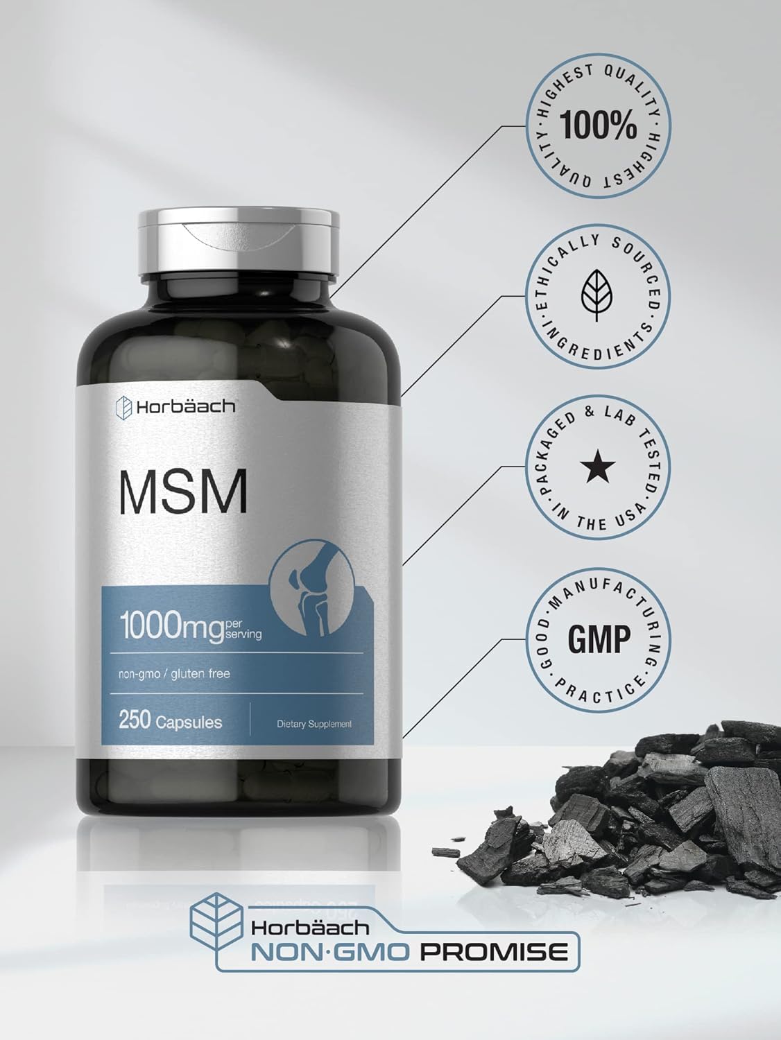 Horbäach MSM Supplement Capsules | 1000mg | 250 Count | Non-GMO and Gluten Free Formula | Methylsulfonylmethane : Health & Household