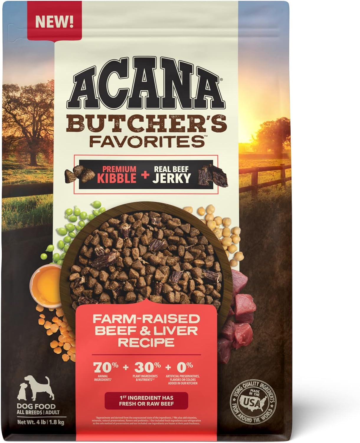 ACANA Butcher's Favorites Dry Dog Food, Farm-Raised Beef & Liver Recipe, Dry Kibble and Beef Jerky Pieces, 4lb