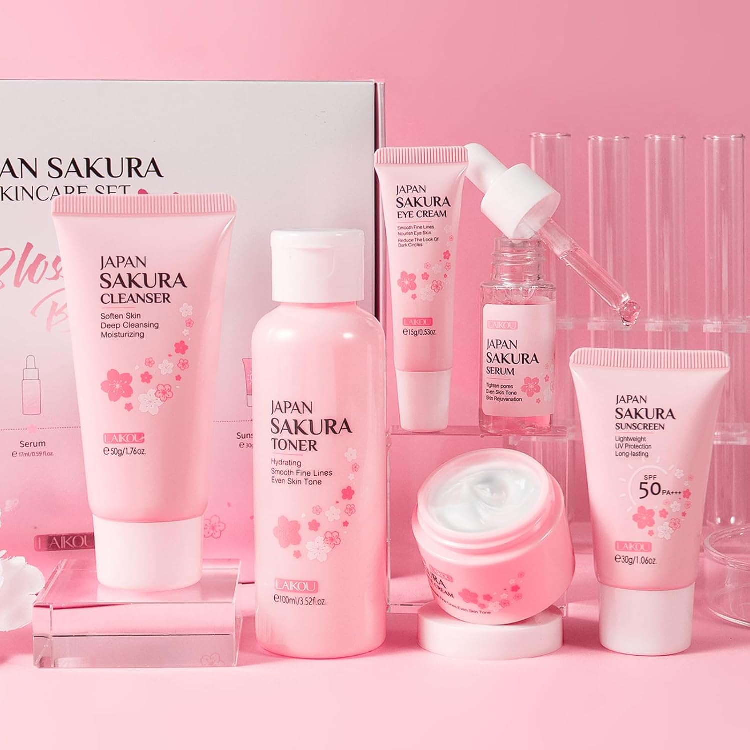 Laikou Skincare Set, Japan Sakura Skin Care Sets & Kits - Cleanser, Toner, Lotion, Serum, Eye Cream, Face Cream, Travel Gift Sets For Women Teenage Girls Mom Daughter, Tsa-Friendly Sizes 6Pcs
