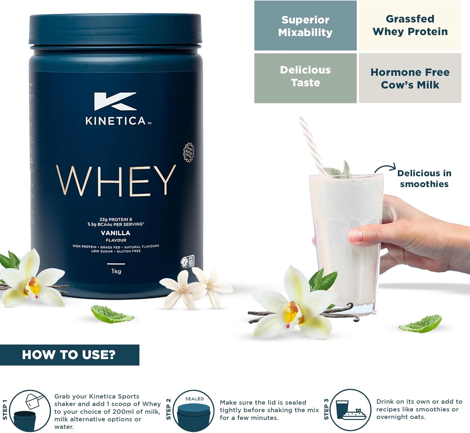 Kinetica Sports Whey Protein Powder - Vanilla Flavour | 23g Protein/Serve, 33 Servings/1Kg Pack | Gluten Free Supplement | Optimum for Muscle Growth & Recovery | Mixes Well with Water, Milk & Shakes : Amazon.co.uk: Health & Personal Care