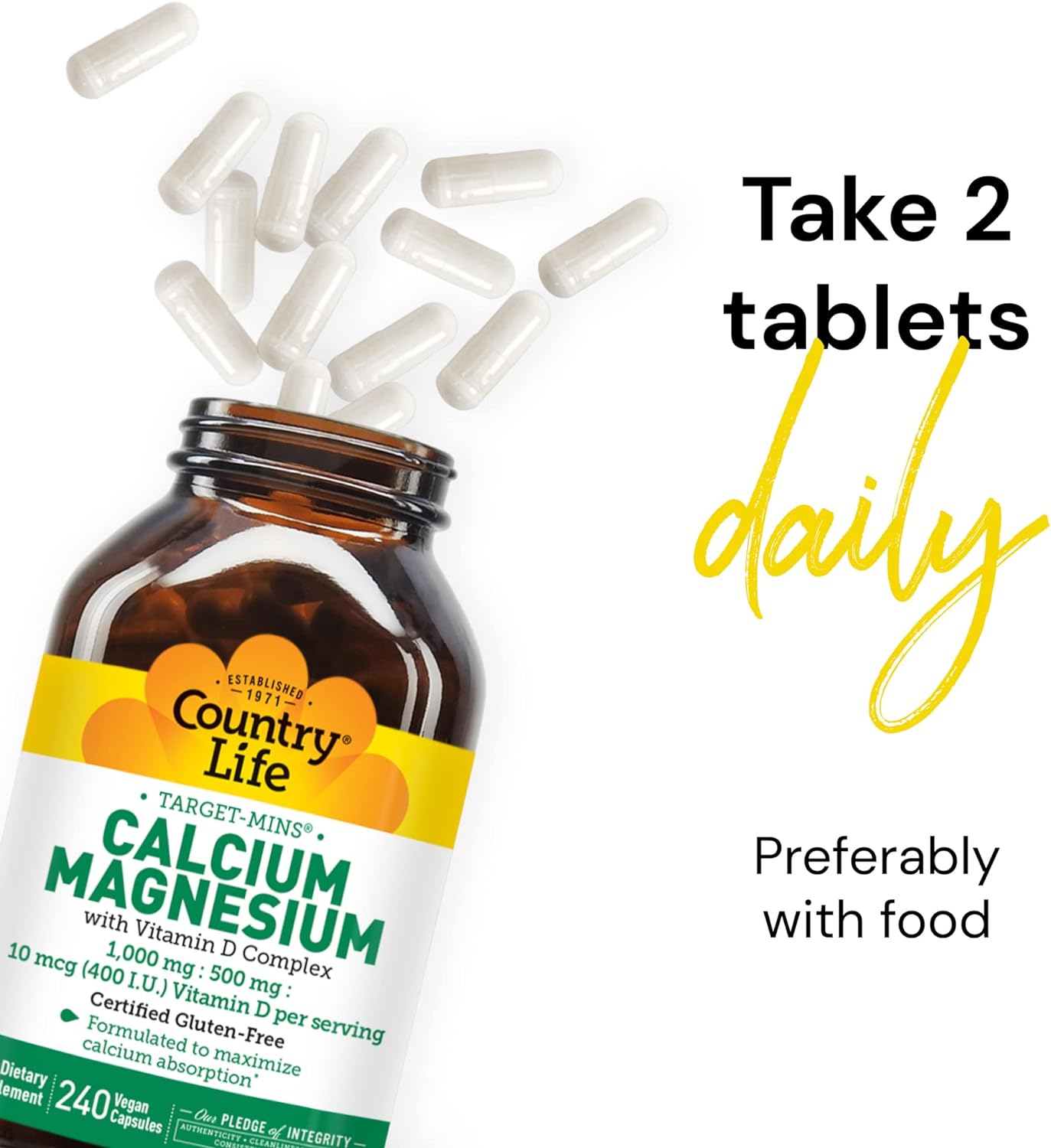 Country Life Target-Mins Calcium Magnesium with Vitamin D-Complex, 1000mg/500mg/10mcg, 240 Vegan Capsules, Certified Gluten Free, Certified Vegan, Verified Non-GMO Verified : Health & Household