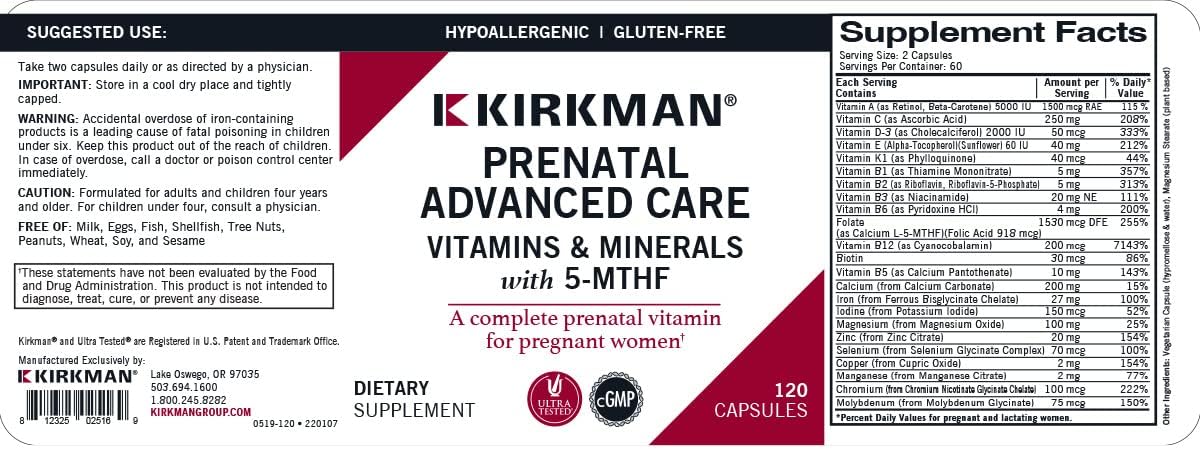 Prenatal Advanced Care, 120 Capsules, Kirkman Labs : Health & Household