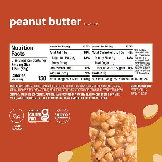 Perfect Keto Nola Bars | Gluten-Free Keto Granola Bars With Zero Added Sugar | Enjoy A Chewier, Nuttier, And Tastier Way To Curb Cravings And Start The Day | Peanut Butter | 8 Bars 32G