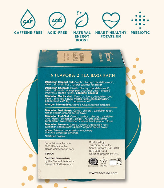 Teeccino Dandelion Tea Sampler - Caramel, Coconut, Dark Roast, Mocha Mint, Red Chai, Turmeric - Prebiotic Coffee Substitute | Caffeine Free | Gluten Free | Coffee Alternative, 12 Tea Bags (Pack Of 2)