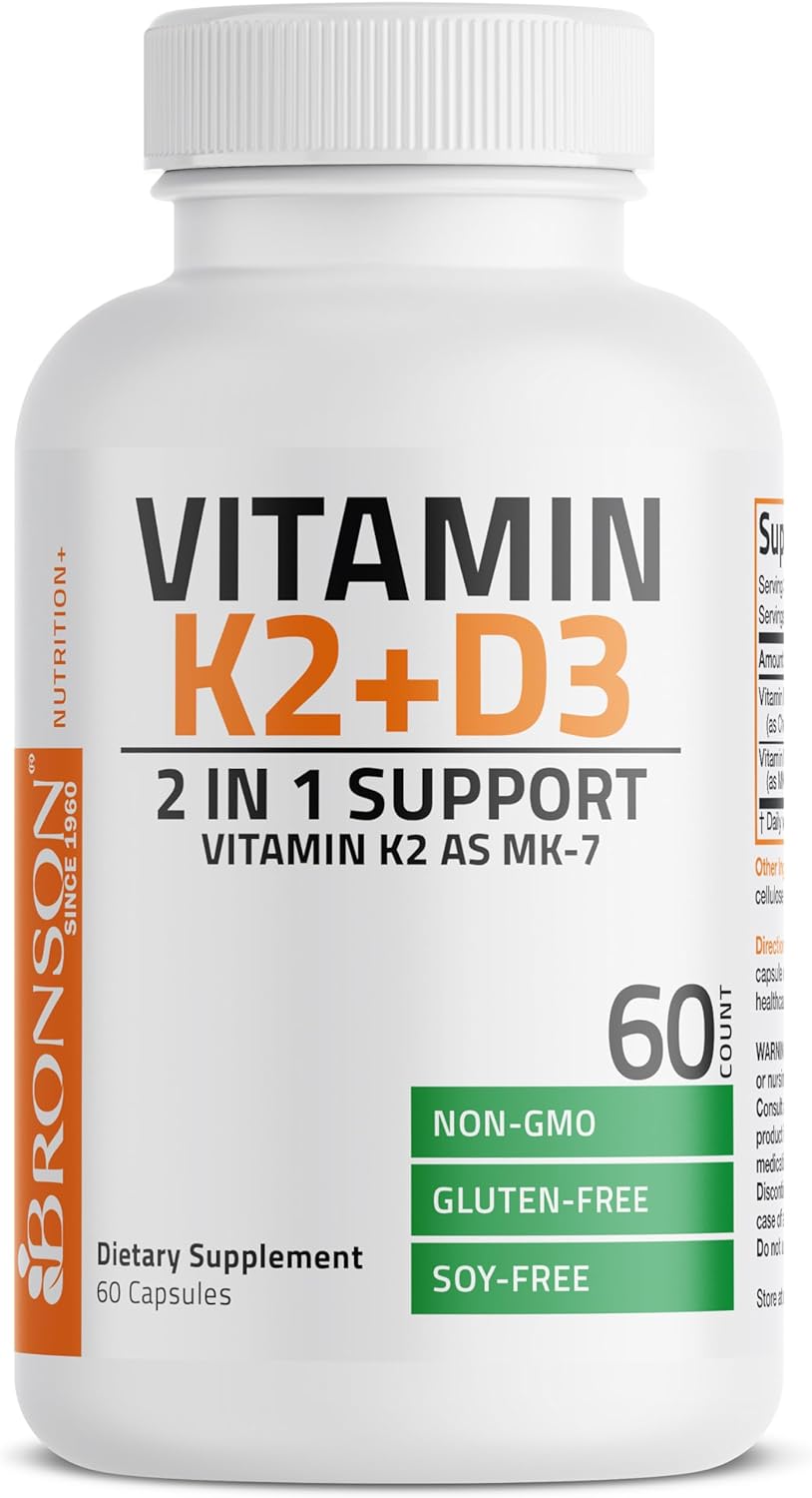 Bronson Vitamin K2 (MK7) with D3 Supplement Non-GMO Formula 5000 IU Vitamin D3 & 90 mcg Vitamin K2 MK-7 Easy to Swallow Vitamin D & K Complex, 60 Capsules : Health & Household