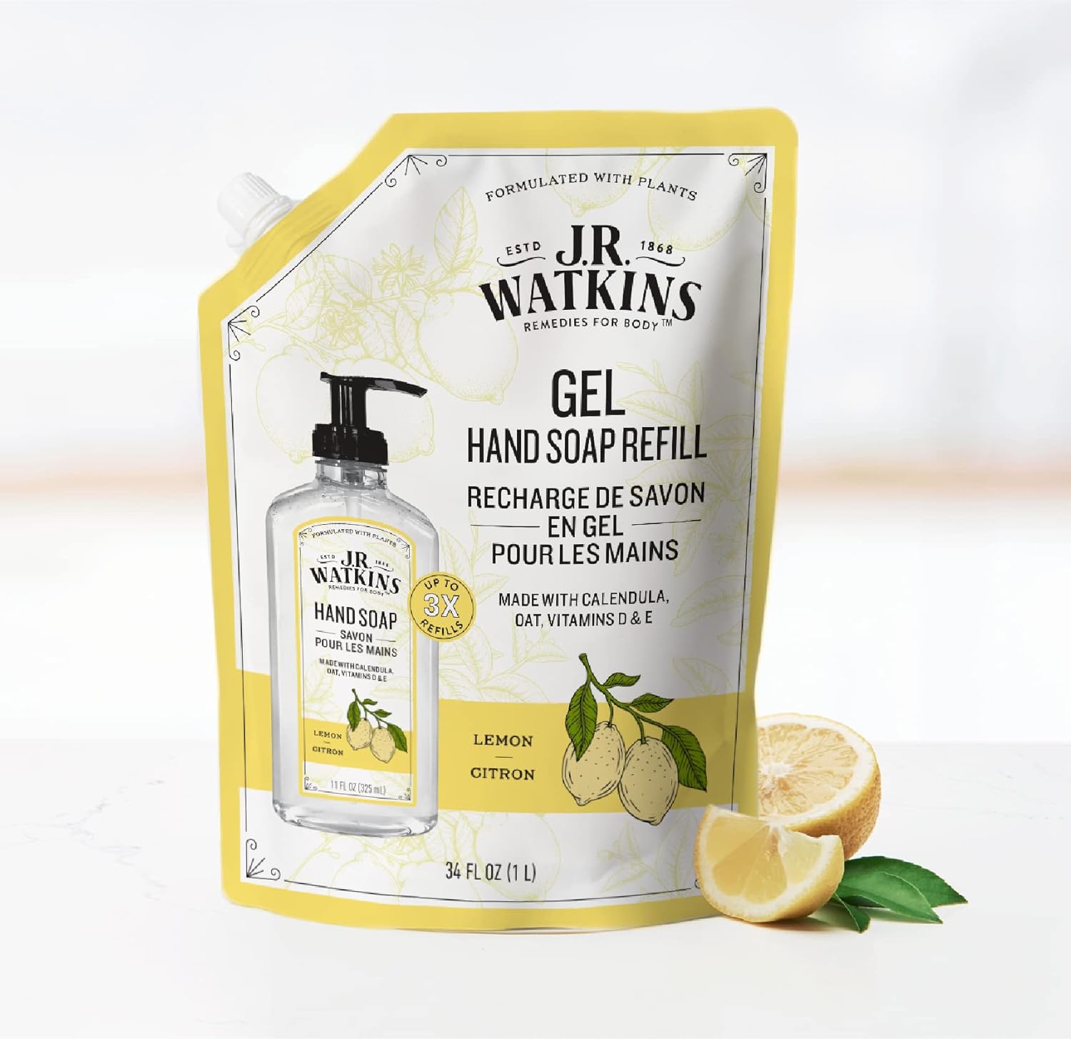 J.R. Watkins Gel Hand Soap Refill, Moisturizing Hand Wash, All Natural, Alcohol-Free, Cruelty-Free, USA Made, Lemon, 34 Fl Oz, 3 Pack : Beauty & Personal Care