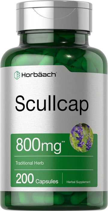 Horbäach Scullcap Capsules | 800 mg | 200 Count | Max Potency, Value Size | Non-GMO and Gluten Free Supplement | Scutellaria Baicalensis