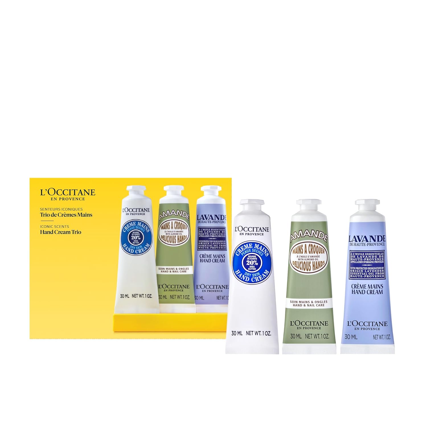 L’Occitane Hand Cream Classics, 3-Piece Set: Moisturizing Hand Creams, Shea, Almond, Lavender Iconic Scents, Vegan, All Skin Types, Made In France