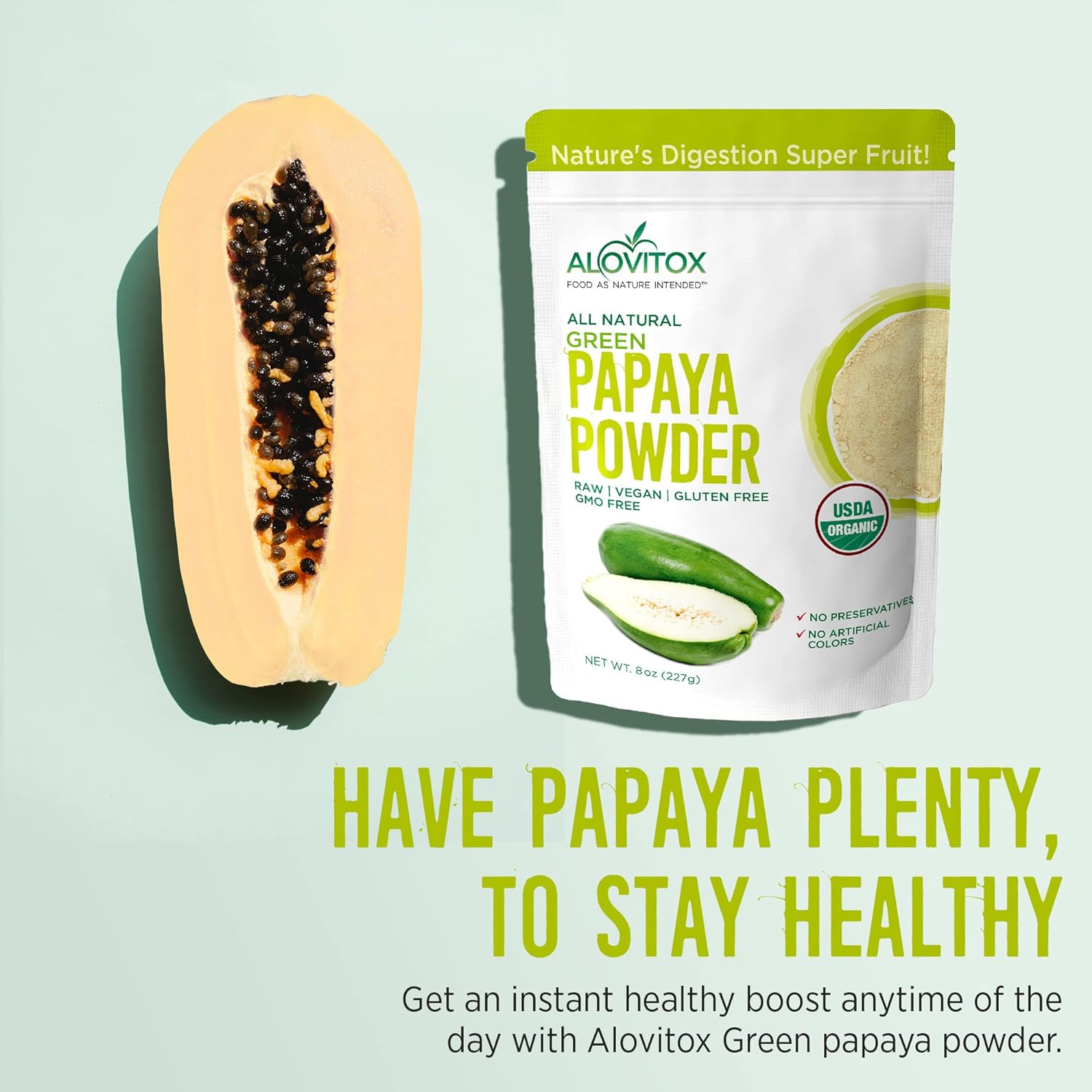 Alovitox Green Papaya Fruit Powder Antioxidant Papaya Enzyme for Immune Support, Healthy Digestion & Skin Health Organic Green Powder with Papaya Extracts for Smoothies & Shakes Vegan, Gluten Free-8oz : Health & Household
