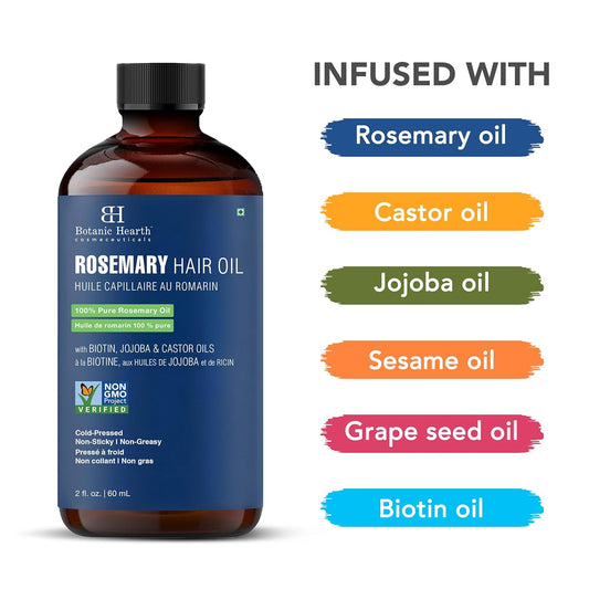 Botanic Hearth 100% Pure Rosemary Oil For Hair (2 Fl Oz) Infused With Biotin, Jojoba & Castor Oil | Hair Strengthening Treatment | Nourishing & Volumizing | Non Gmo Verified | With Applicators