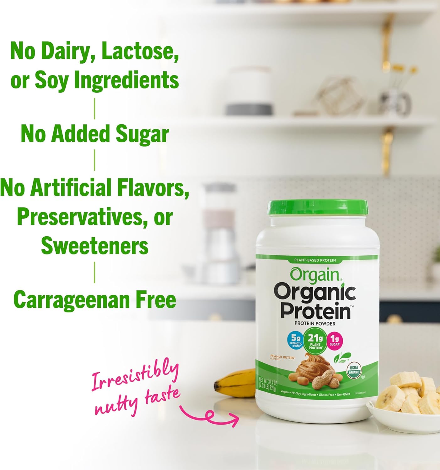 Orgain Organic Vegan Protein Powder, Peanut Butter - 21G Plant Based Protein, 7G Prebiotic Fiber, No Lactose Ingredients, No Added Sugar, Non-Gmo, For Shakes & Smoothies, 2.03 Lb (Packaging May Vary)