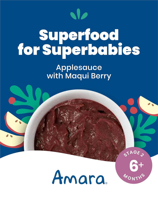 Amara Organic Baby Food - Stage 2 - Applesauce & Maqui Berry - Baby Cereal To Mix With Breastmilk, Water Or Baby Formula - Shelf Stable Baby Food Pouches Made From Organic Fruit - 10 Pouches, 3.5Oz Per Serving