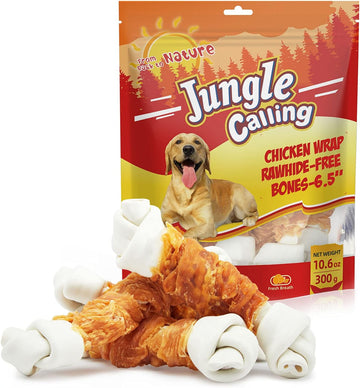 Jungle Calling Rawhide Free Dog Bones, 6.5" Real Chicken Wrapped Dog Chew Bones For Medium And Large Dogs Training Treats