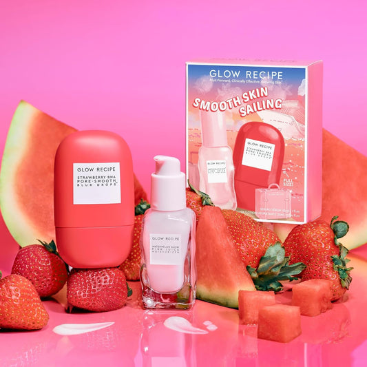 Glow Recipe Smooth Skin Sailing Skincare Set - Watermelon Glow Pink Juice Facial Moisturizer (25Ml) + Silicone-Free Bha Strawberry Pore Minimizer Blurring Drops (30Ml)