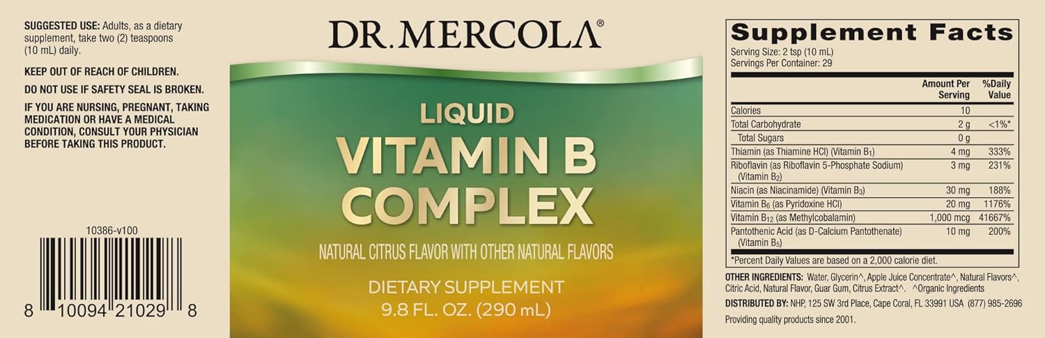 Dr. Mercola Vitamin B Complex Liquid, 9.8 Fl. Oz. (290 mL), 29 Servings, Natural Citrus Flavor, Dietary Supplement, Supports Stress Management, Non-GMO : Health & Household