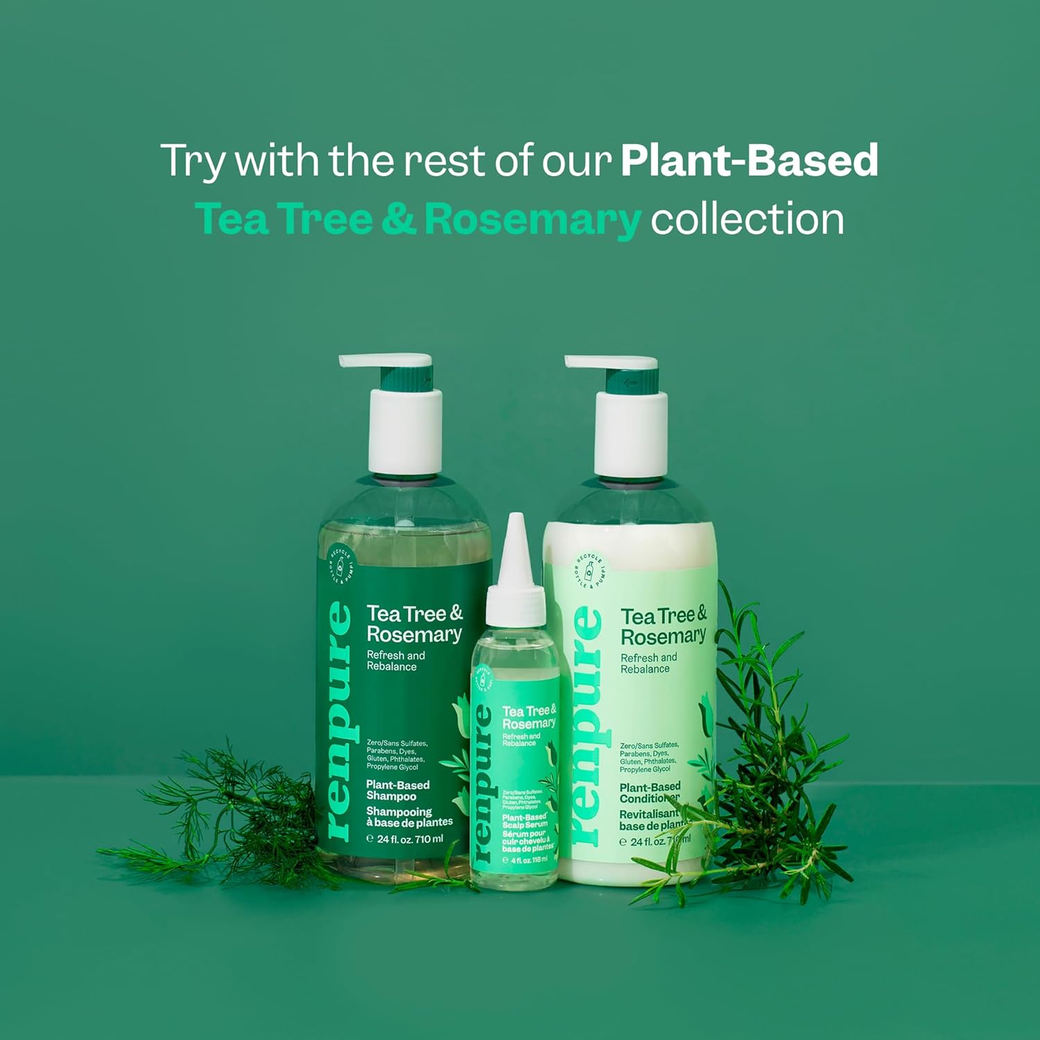 Renpure Plant Based Tea Tree and Rosemary Refresh and Rebalance Shampoo - Soothes Dry Scalp - Delivers Moisture and Shine - Rids Hair of Grime - Dye Free - Recyclable, Pump Bottle Design - 24 fl oz : Beauty & Personal Care