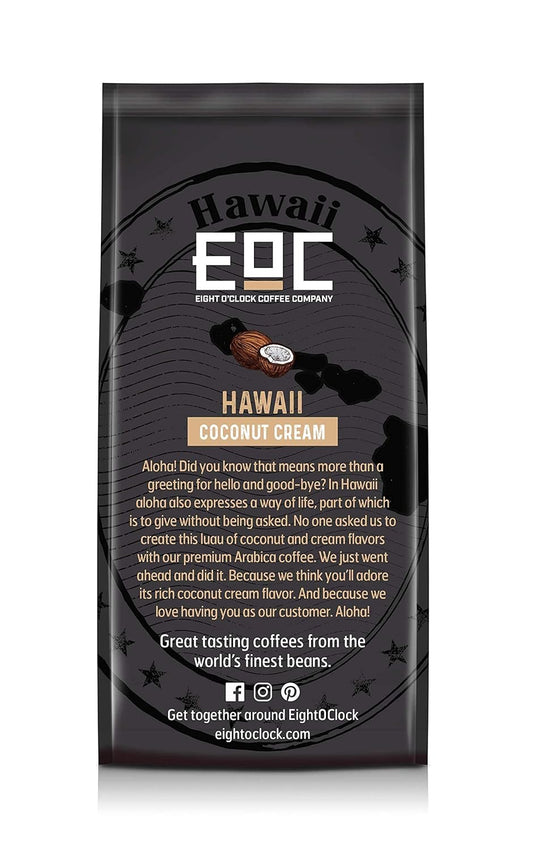 Eight O'Clock Coffee Flavors of America Hawaii Coconut Cream, 11 Ounce, Flavored Ground Coffee, Rich Coconut Taste