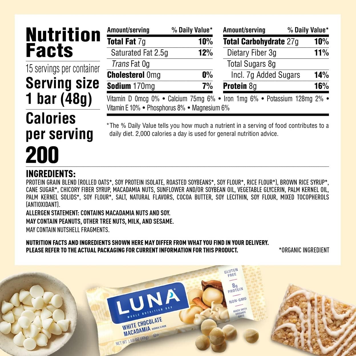 Luna Bar - Gluten Free Snack Bars - White Chocolate Macadamia Flavor -8g of protein - Non-GMO - Plant-Based Wholesome Snacking - On the Go Snacks (1.69 Ounce Snack Bars, 15 Count) (Pack of 2) : Grocery & Gourmet Food