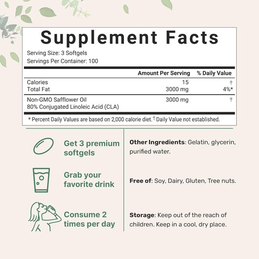 Micro Ingredients CLA Supplements 3000mg Per Serving | 300 Softgels, Made with 80% CLA from Non-GMO Safflower Oil, Active Conjugated Linoleic Acid