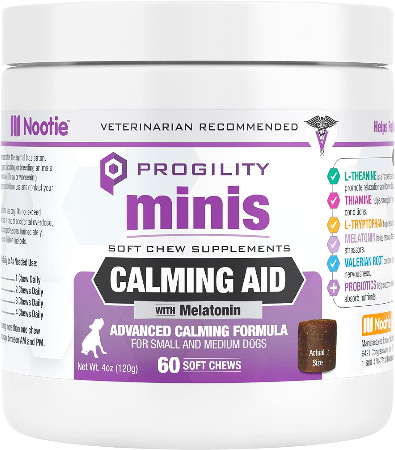 Nootie Progility Mini Calming Aid, Calming Chews for Dogs for Stress and Anxiety Relief, 60 Soft Chews per Container