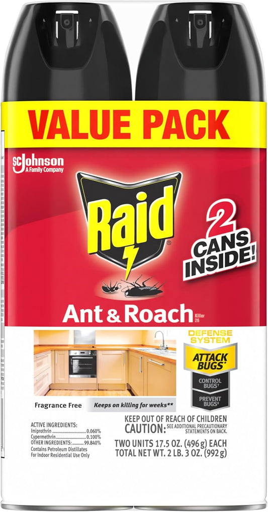 Raid Ant & Roach Killer 26, Fragrance Free Bug Killer For Home Use, Kills Bugs On Contact, 17.5 Oz, 2 Count