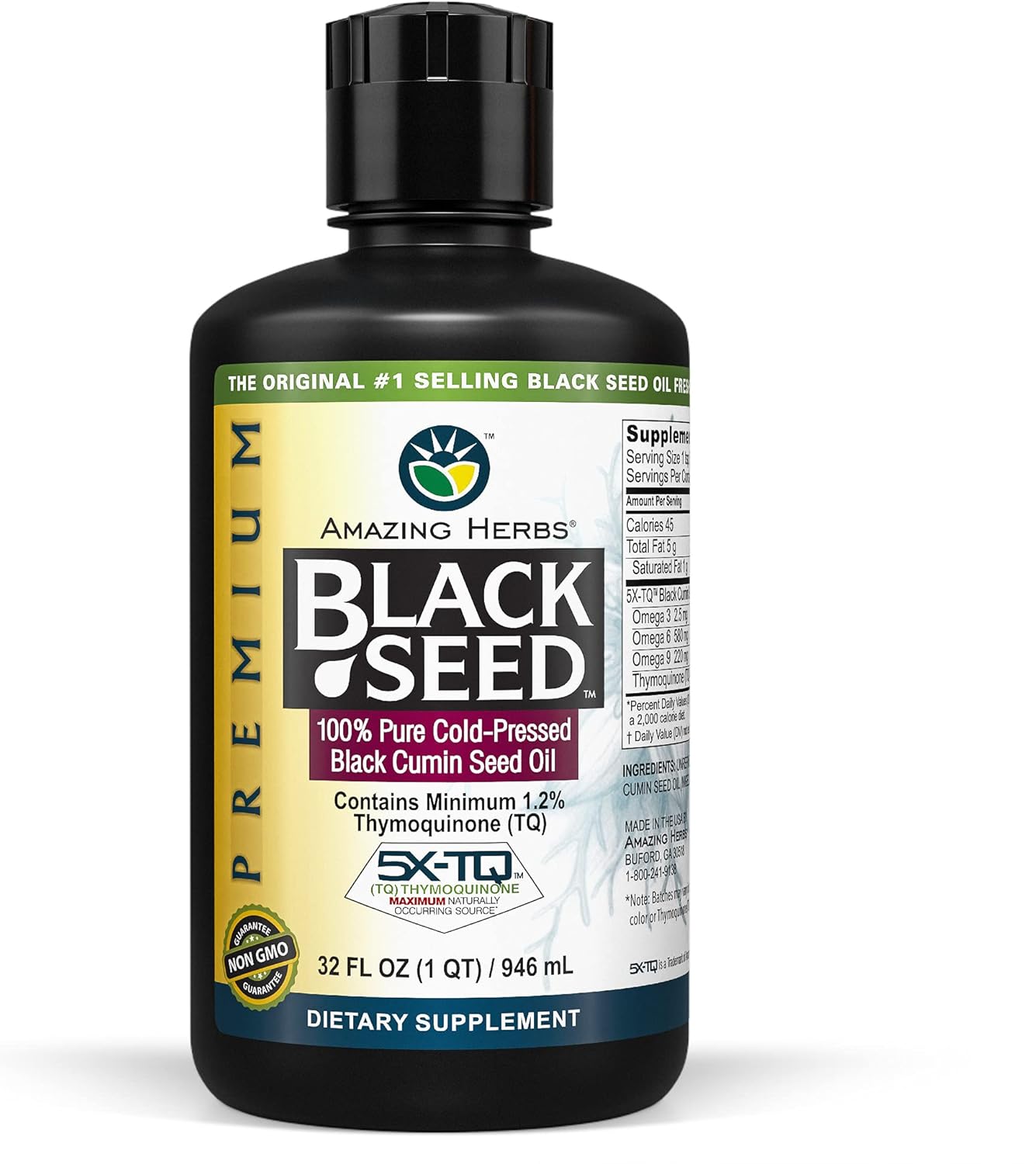 Amazing Herbs Premium Black Seed Oil - Gluten Free, Non Gmo, Cold Pressed Nigella Sativa Aids In Digestive Health, Immune Support, Brain Function, Joint Mobility - 1 Fl Oz