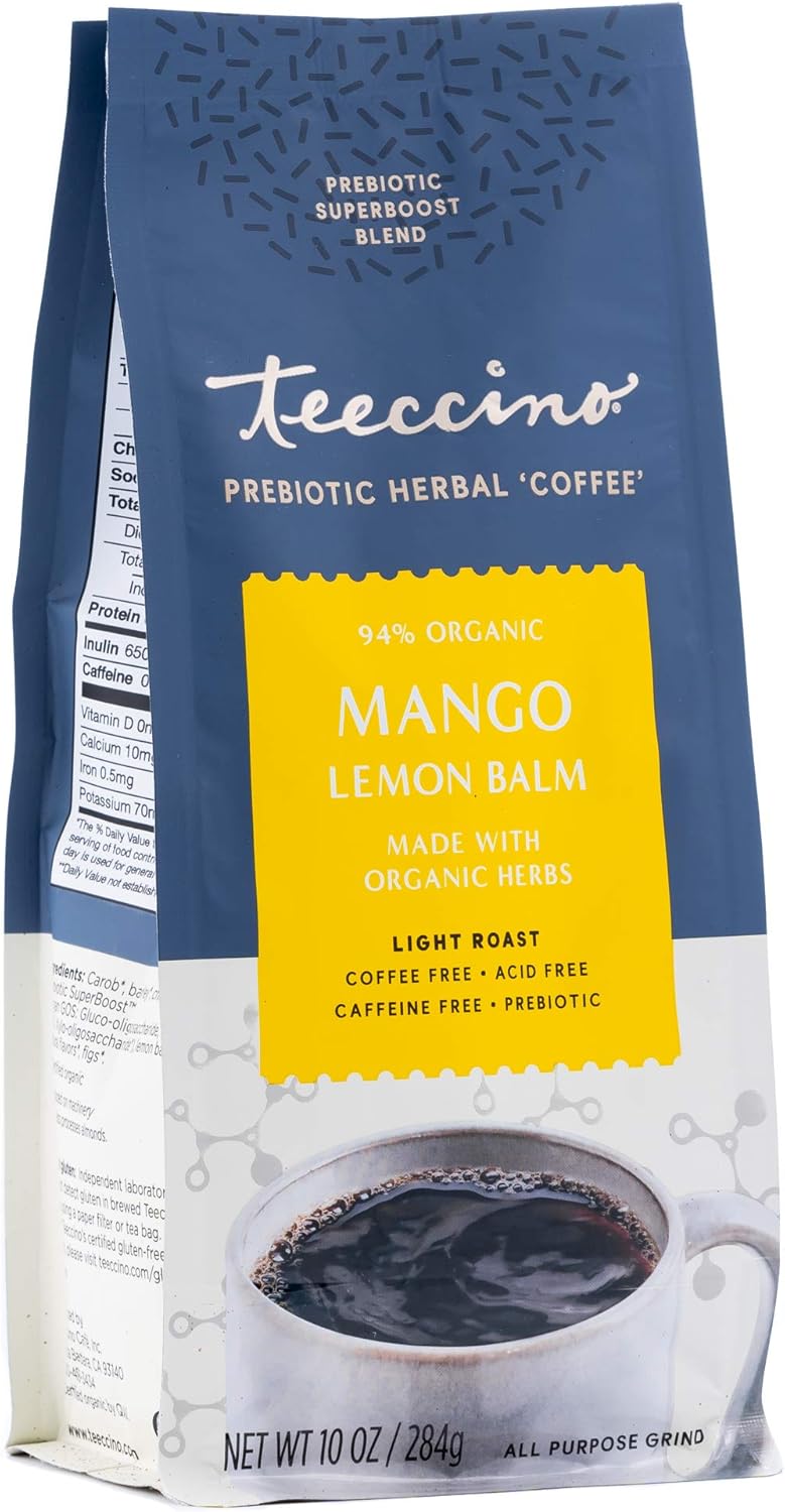 Teeccino Mango Lemon Balm - Prebiotic Superboost™ Herbal Blend - Steep Like Loose Leaf Tea Or Brew Like Coffee – Support Probiotics 3 Vegan Prebiotics For Gut Health & Good Mood, 10 Ounce