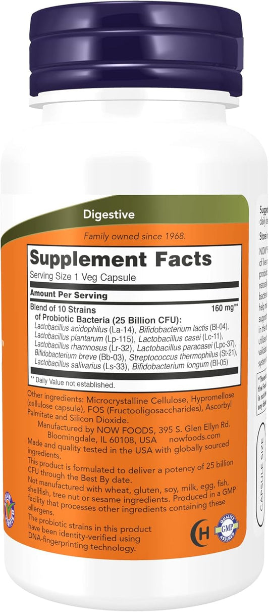 Now Foods Supplements, Probiotic-10™, 25 Billion, With 10 Probiotic Strains, Dairy, Soy And Gluten Free, Strain Verified, 100 Veg Capsules