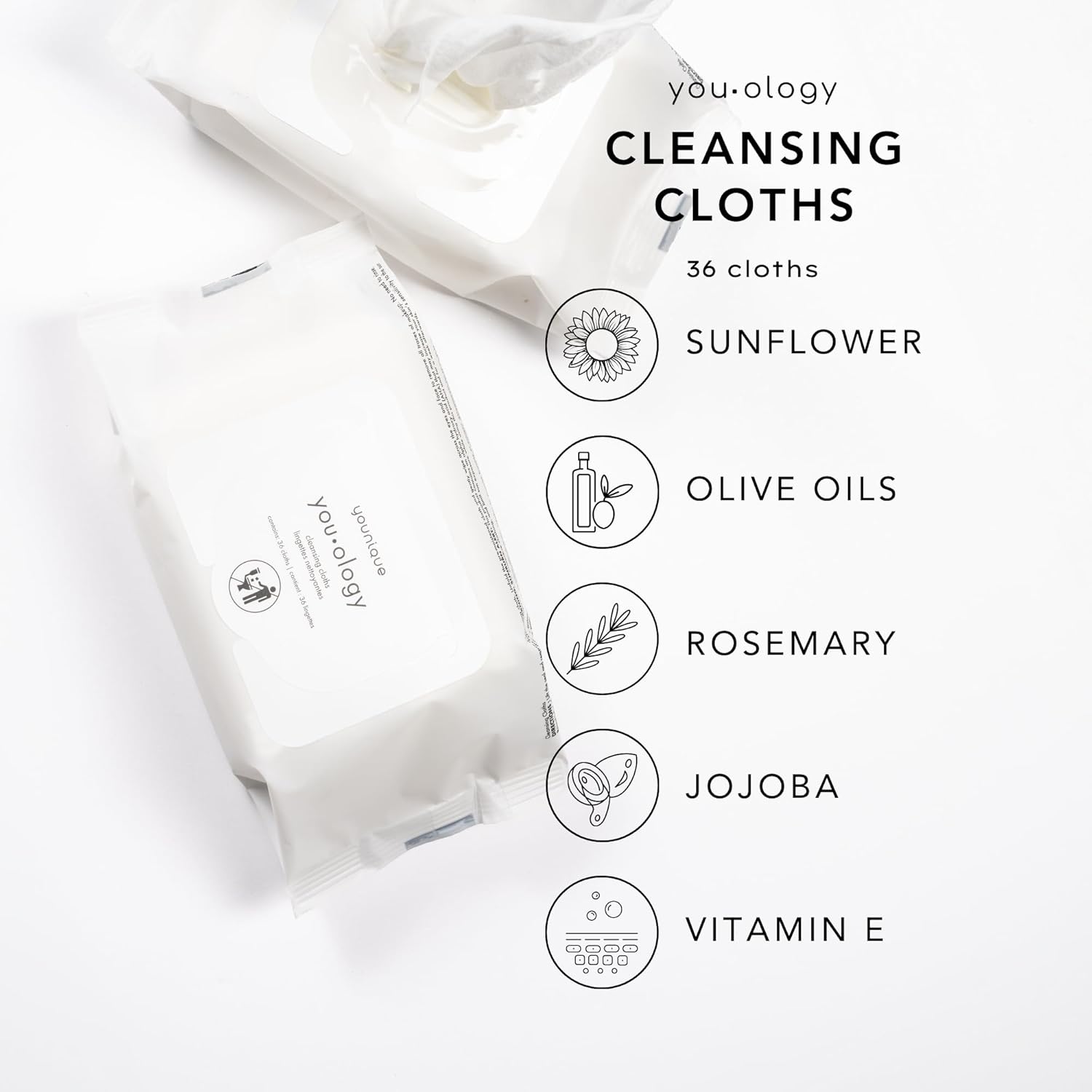 Younique You·Ology Cleansing Cloths | 36 Wipes | Makeup Remover Towelettes With Vitamin E, Jojoba & Olive Oil | Gentle, Conditioning Facial Wipes For Soft, Refreshed Skin : Beauty & Personal Care