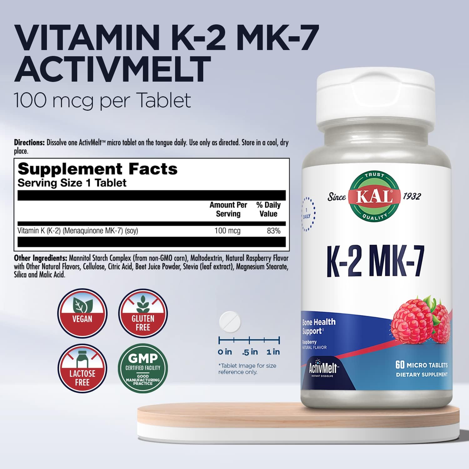 KAL Vitamin K2 MK7 ActivMelt 100 mcg, Vitamin K Supplement as Superior K2 MK7, Bone Health, Heart and Artery Health Support, Natural Raspberry avor, Vegan, Gluten Free, 60 Servings, 60 Micro Tablets