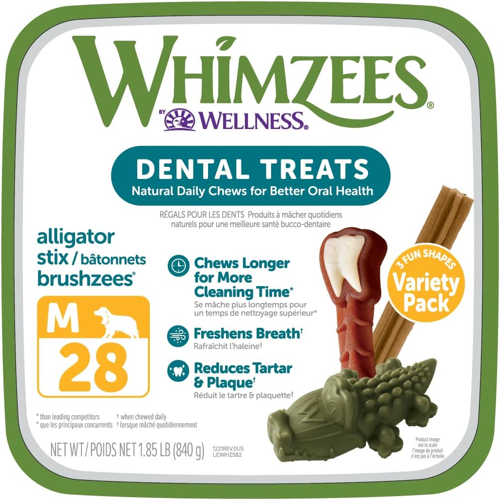 Whimzees By Wellness Variety Box: All Natural Dental Chews For Dogs (Medium), 28 Count - Dog Treats, Freshens Breath, Gluten & Grain-Free (Packaging May Vary)