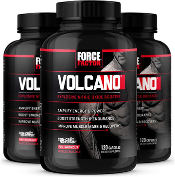 FORCE FACTOR Volcano Pre Workout Nitric Oxide Booster Supplement for Men with Creatine and L-Citrulline to Help Boost Nitric Oxide, Energy, Build Muscle & Improve Blood Flow, 120 Count(Pack of 3)