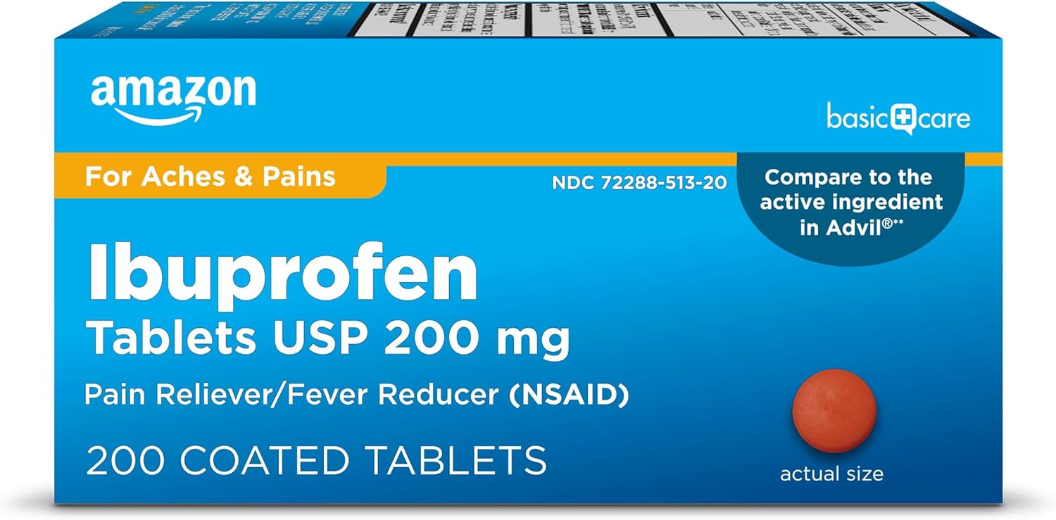 Amazon Basic Care Ibuprofen Tablets, Fever Reducer And Pain Relief From Body Aches, Headache, Arthritis And More, Brown, 200 Count (Packaging May Vary)
