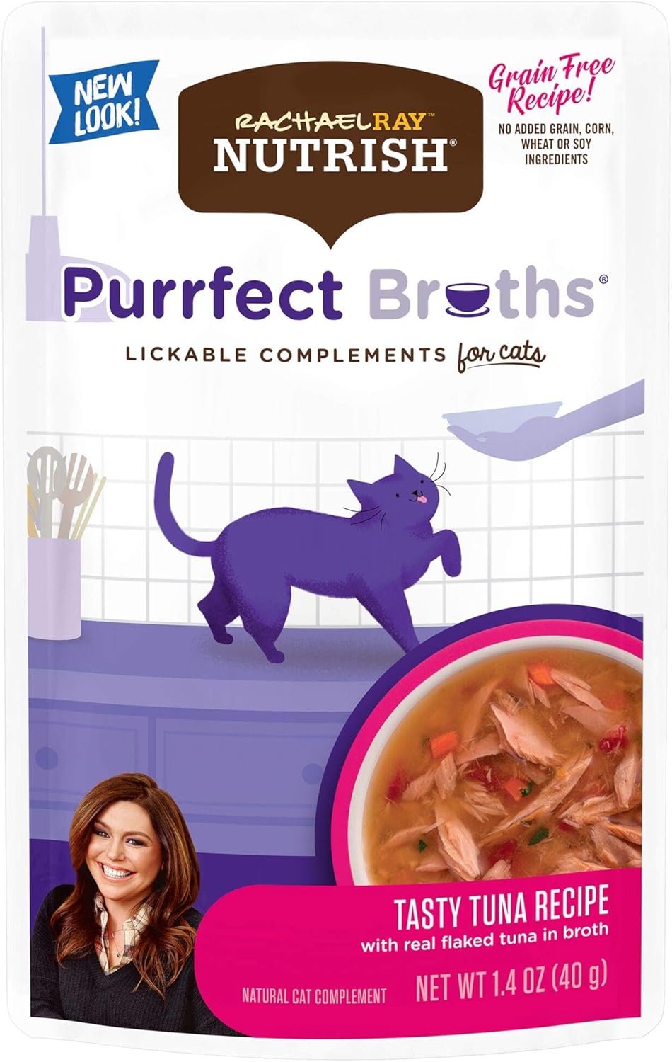 Rachael Ray Nutrish Purrfect Broths Wet Cat Food, Tasty Tuna Recipe With Flaked Tuna & Veggies, 1.4 Ounce Pouch (Pack Of 24), Grain Free